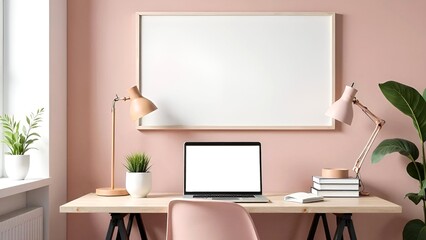 Stylish modern inrerior living room design, table, armchair, laptop with empty screen, white wooden frame for painting an wall mock up, green plant