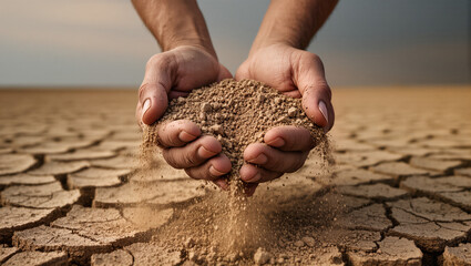 A pair of hands holds and releases dry, cracked soil over a parched, cracked landscape. This powerful image is a metaphor for the devastating effects of drought and the fragility of the environment.