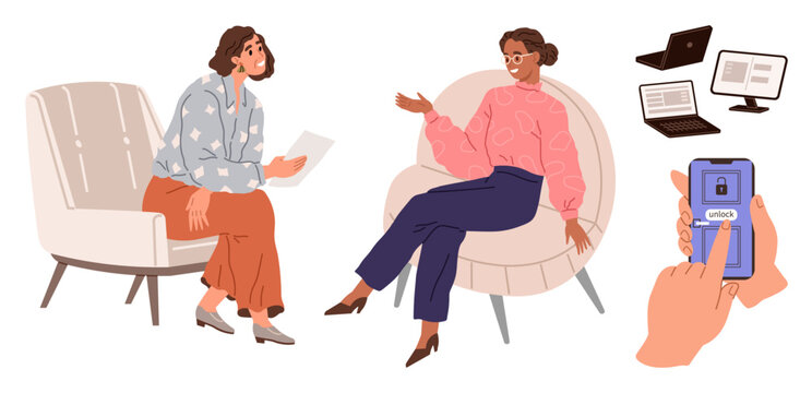 Two women in a discussion seated on modern chairs, smartphones being unlocked, digital devices thumbs up laptops in the background. Ideal for communication, counseling, digital security, teamwork