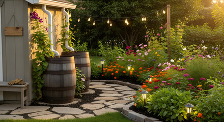 Evening Garden Landscape with Stone Path and Rain Barrels.