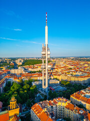 Naklejka premium Sunset panorama view of Zizkov TV tower overlooking Prague, Czec