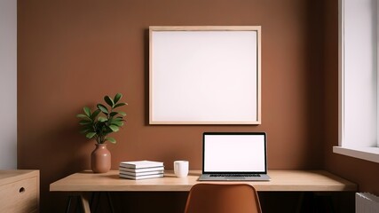 Stylish modern inrerior living room design, table, armchair, laptop with empty screen, white wooden frame for painting an wall mock up, green plant