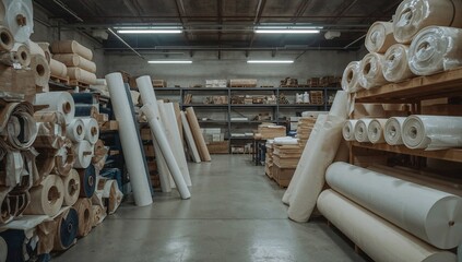 8k hyper-realistic photo of a storage room filled with many rolls of isolon, foam, and different fabrics. The rolls are placed casually, some stacked on the floor, some leaning against walls,