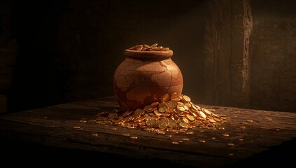 A humble earthenware clay jar with subtle cracks and earthy tones overflowing with a cascade of glowing gold coins that spill onto the rough-hewn wooden table, placed in a dimly lit room with a single