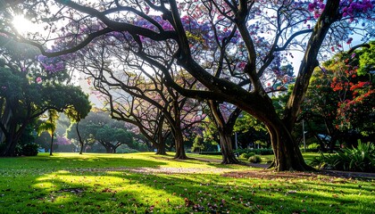 A tranquil park scene filled with vibrant flowering trees, casting gentle sunlight patterns on the lush green grass.