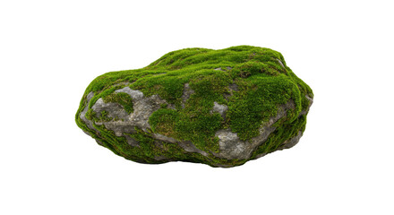 A lush green moss-covered rock sits in the center of a pure white background