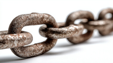 Obraz premium Interlocked rusted metal chain links forming a strong, continuous connection, shown isolated on a clean white background with sharp detail and reflective texture.