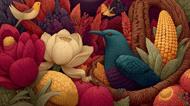 Colorful autumn harvest featuring vibrant flowers, fruits, and a bird, celebrating the essence of Thanksgiving traditions