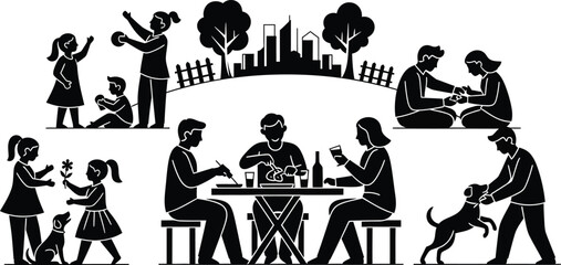 A collection of black and white silhouette illustrations depicting various outdoor activities and family interactions in a park setting with a city skyline in the background.