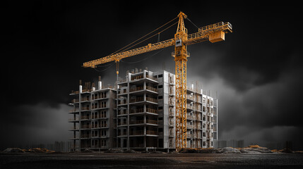 
A digital model of a building under construction featuring scaffolding, structural frames, glowing grid lines, and modern architectural elements in a futuristic layout.