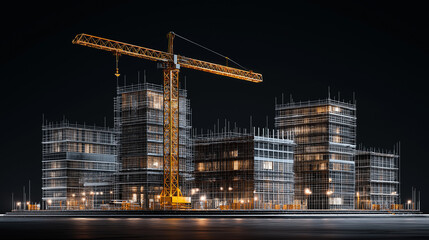 
A digital model of a building under construction featuring scaffolding, structural frames, glowing grid lines, and modern architectural elements in a futuristic layout.