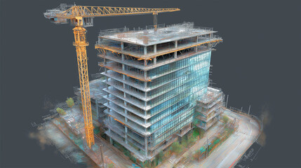 
A digital model of a building under construction featuring scaffolding, structural frames, glowing grid lines, and modern architectural elements in a futuristic layout.