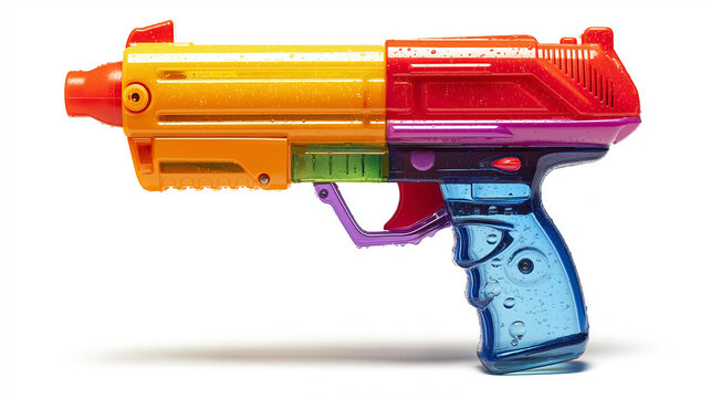 Kids’ colorful water gun with mixed vibrant colors, isolated on white background, designed for playful summer fun and outdoor activities.