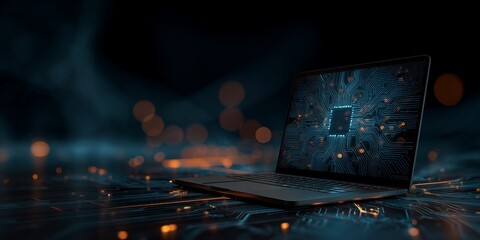 Laptop displaying a complex circuit board design against a dark, blurred backdrop with glowing lights, concept for artificial intelligence development, cyber security solution and digital
