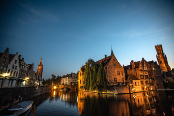 Twilight View of Rozenhoedkaai with the Belfry of Bruges - Belgium