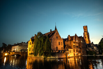Rozenhoedkaai and Belfry of Bruges under a Twilight Sky - Bruges, Belgium
