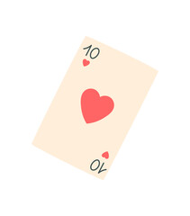 Flat poker playing card with ten of hearts symbol. Minimalist card design for table game, casino activity, or boardgame fun. Perfect for leisure, entertainment, or hobby themes.