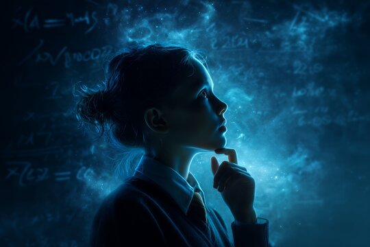 Thoughtful young girl looking up at chalkboard with math equations, concept for education solution, scientific discovery and future learning, back to school