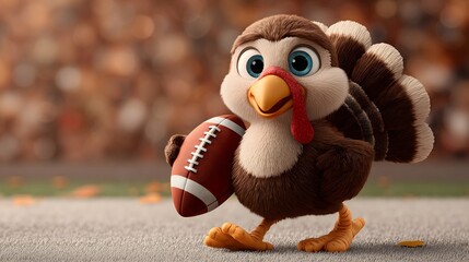 Cute turkey character holds a football in a festive autumn setting perfect for Thanksgiving celebrations