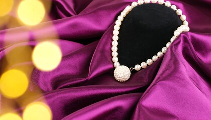 Fototapeta premium Elegant pearl necklace on purple silk