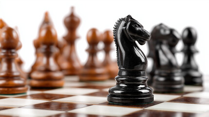 A classic chessboard with neatly arranged black and brown pieces stands isolated on a white background, symbolizing strategy and intellect.