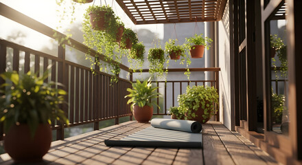 Fototapeta premium Peaceful Balcony Garden with Yoga Mat and Potted Plants.