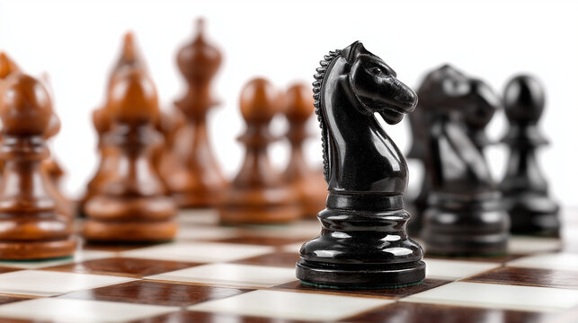 A classic chessboard with neatly arranged black and brown pieces stands isolated on a white background, symbolizing strategy and intellect.