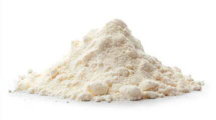 A soft mound of white flour powder sits isolated on a white background, symbolizing purity, baking essentials, and culinary simplicity.