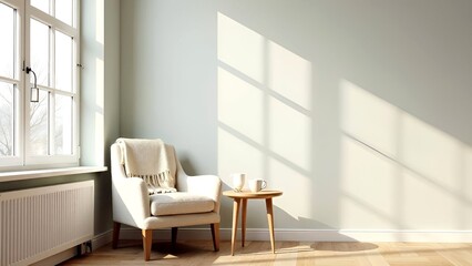 Scandy minimal interior with armchair, table, green plant and painting empty mock up