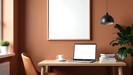 Stylish modern inrerior living room design, table, armchair, laptop with empty screen, white wooden frame for painting an wall mock up, green plant