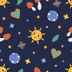 Groovy seamless cartoon pattern with retro sun and star, moon, mushroom, and heart. Colorful background with y2k flower, nature symbol. Ornamental pattern playful vintage style for wallpaper