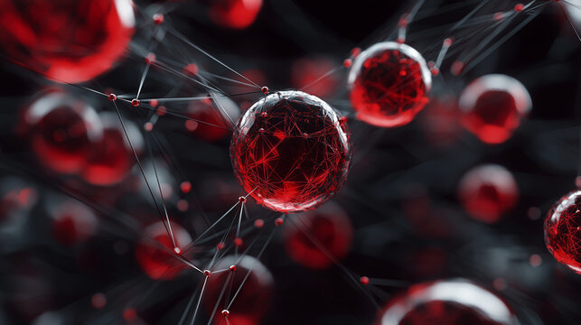 Futuristic red sphere composed of interconnected network mesh, floating in 3D space, creating a dynamic, high-tech abstract visual.