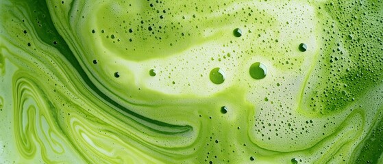 frothy matcha latte with its signature vibrant green color and delicate swirling foam patterns, a macro and full-frame texture shot, close-up texture, top view
