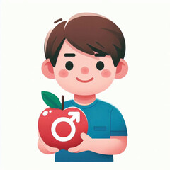 a man wearing a blue t-shirt holding an apple