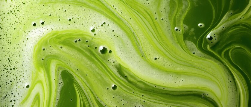 frothy matcha latte with its signature vibrant green color and delicate swirling foam patterns, a macro and full-frame texture shot, close-up texture, top view