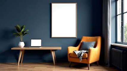 Stylish modern inrerior living room design, table, armchair, laptop with empty screen, white wooden frame for painting an wall mock up, green plant