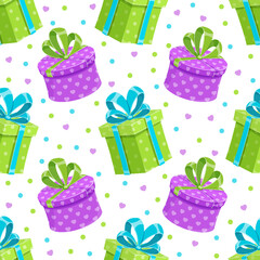 Seamless cartoon pattern with gift boxes, ribbons, and bows. Present and package designs perfect for holiday background. Birthday event themes in colorful, festive arrangement.