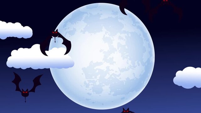 Bats Flying Up in a Full Moon Sky Vector 4K Loop features cartoon style bats flapping their wings and flying upward with a full moon and moving clouds in the background in a loop.