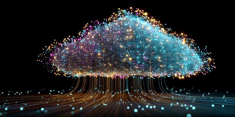Abstract cloud computing concept with circuit board texture and glowing dots on black background. Concept for data storage, cloud infrastructure, and digital network solution