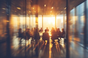 Blurred silhouettes of business people in modern office during golden hour, concept for corporate meeting, strategic planning and financial review