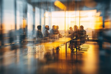Abstract view of business team gathered around a table in modern office with city background, concept for executive meeting, corporate strategy and business collaboration