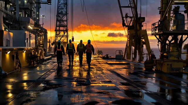 Silhouetted workers on offshore oil rig platform in ocean at sunset with vibrant sky and reflections, industry concept
