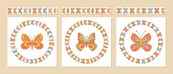 Groovy retro butterfly seamless border set in colorful circle pattern. Floral frame and nature border graphic with y2k style. Collection includes vintage motif for creative backgrounds.