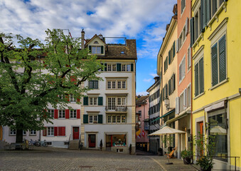 Historic old town street with traditional architecture in Zurich, Switzerland