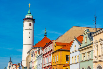 Obraz premium Nativity of virgin mary church at peace square in Domazlice, Cze