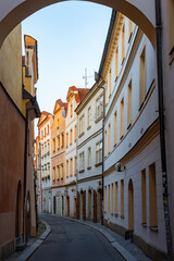 Obraz premium Colourful houses in the center of Pardubice during sunrise, Czec