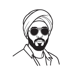 Black and white line art illustration of a man with a turban, beard, and sunglasses, depicted in a minimalist style.