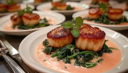Seafood dish, scallops, spinach, creamy sauce