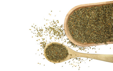 Dry chive in wooden bowl with spoon isolated on white background, top view