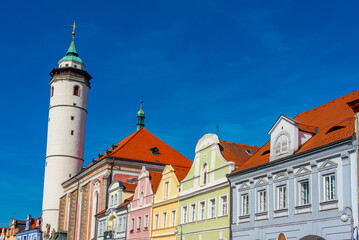 Obraz premium Nativity of virgin mary church at peace square in Domazlice, Cze